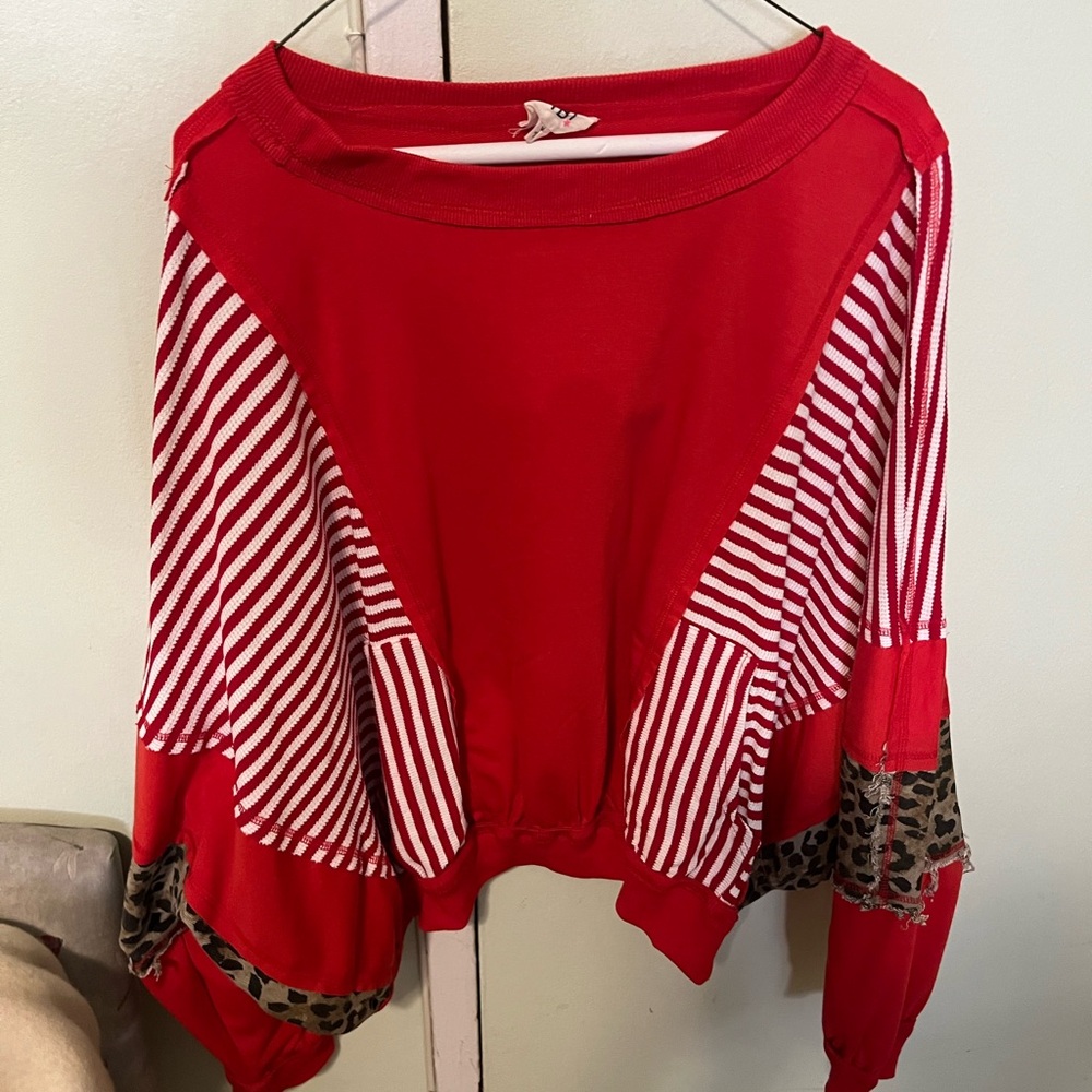 BiBi Red and White Striped Sweatshirt with Leopard Accents